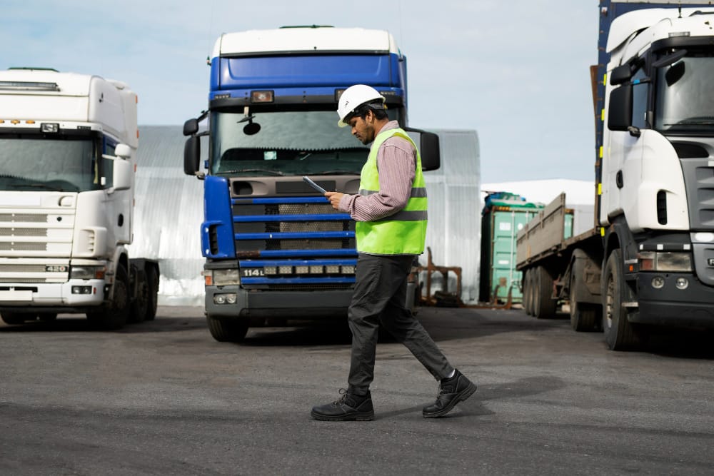 Homme utilisant des outils de diagnostic pour la détection de pannes à distance sur camions